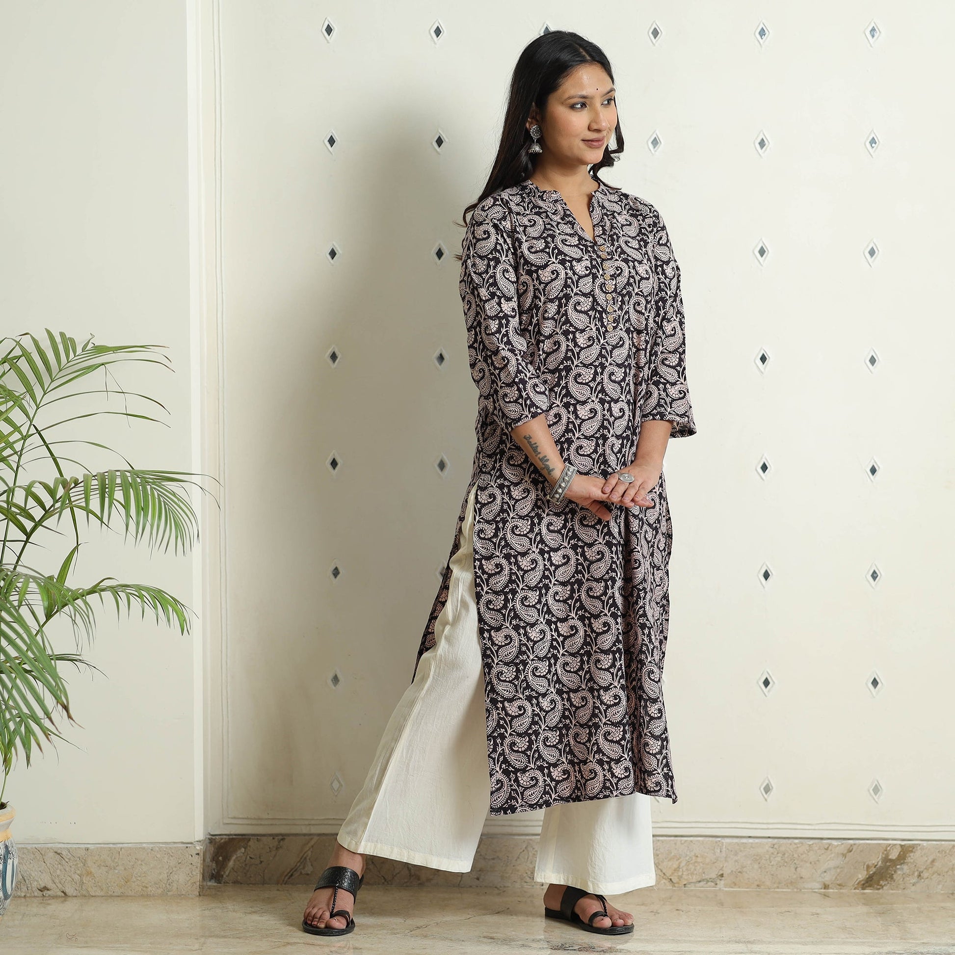 Black - Block Print Cotton Straight Bagh Kurta