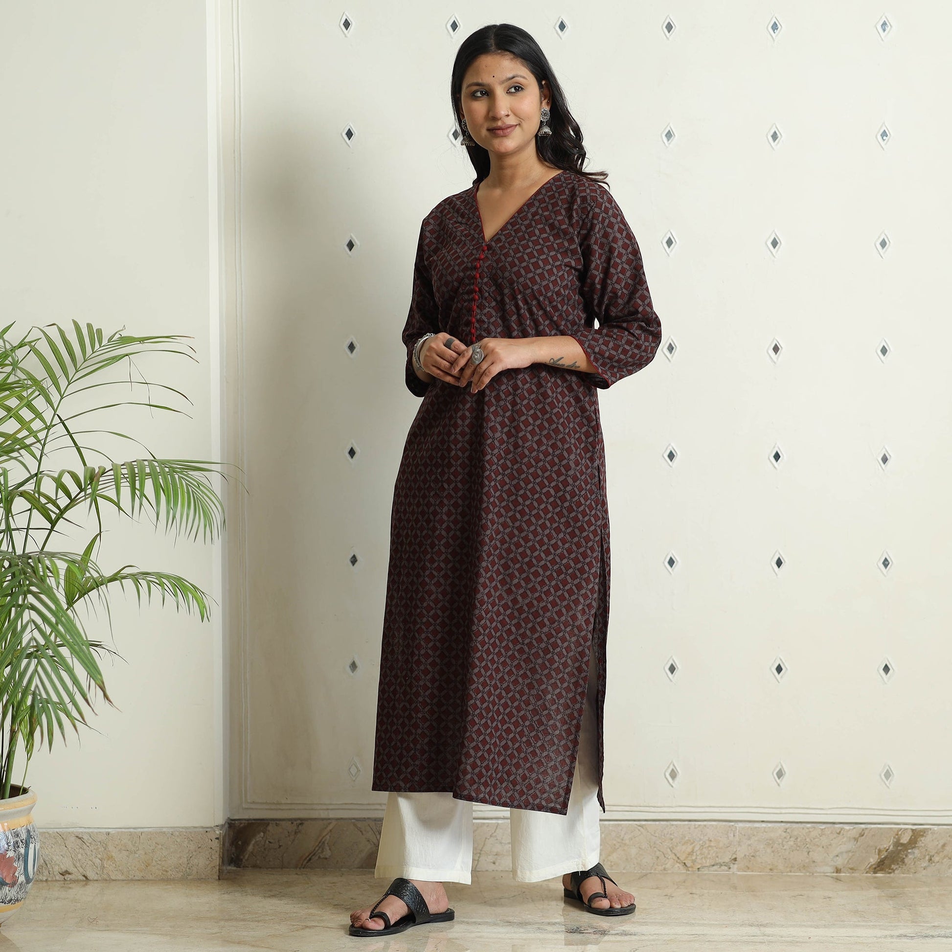 Brown - Block Print Cotton Straight Bagh Kurta