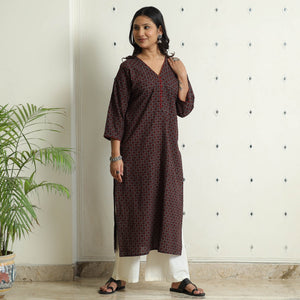 Brown - Block Print Cotton Straight Bagh Kurta