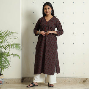 Brown - Block Print Cotton Straight Bagh Kurta