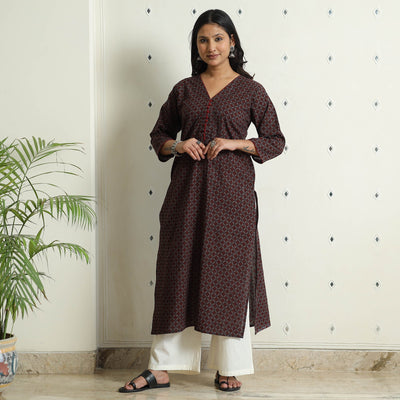 Brown - Block Print Cotton Straight Bagh Kurta