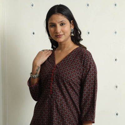 Brown - Block Print Cotton Straight Bagh Kurta