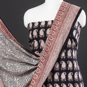 Black - 3pc Natural Dyed Cotton Bagh Print Suit Material Set
