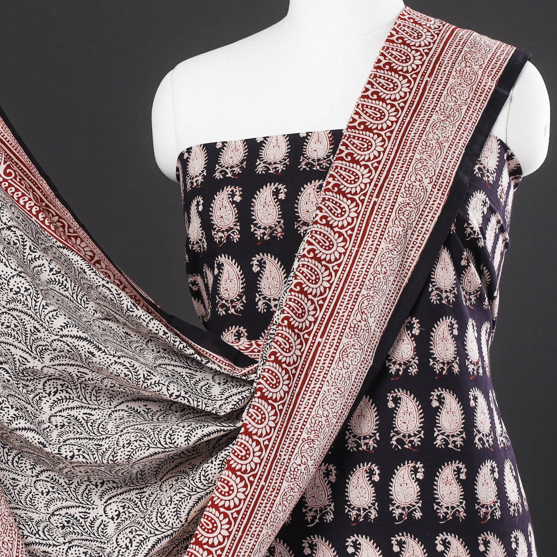 Black - 3pc Natural Dyed Cotton Bagh Print Suit Material Set
