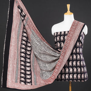 Black - 3pc Natural Dyed Cotton Bagh Print Suit Material Set
