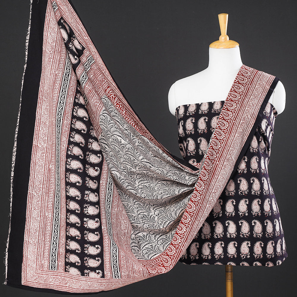 Black - 3pc Natural Dyed Cotton Bagh Print Suit Material Set