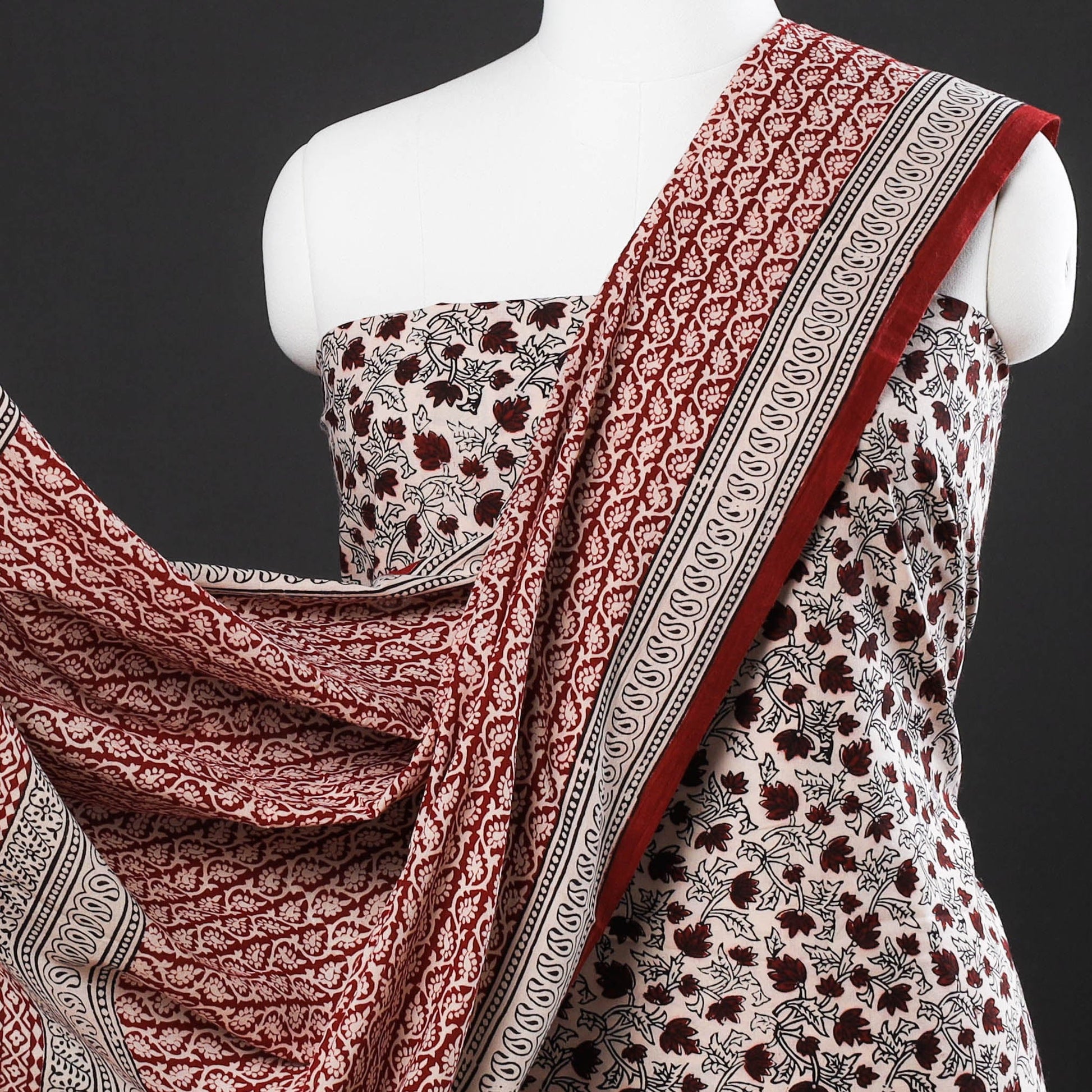 Beige - 3pc Natural Dyed Cotton Bagh Print Suit Material Set