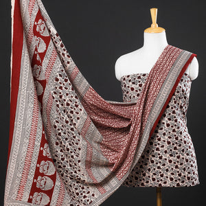 Beige - 3pc Natural Dyed Cotton Bagh Print Suit Material Set