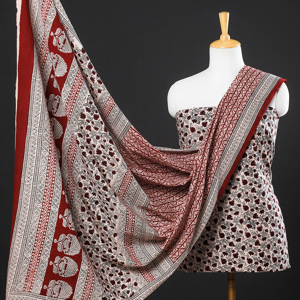 Beige - 3pc Natural Dyed Cotton Bagh Print Suit Material Set