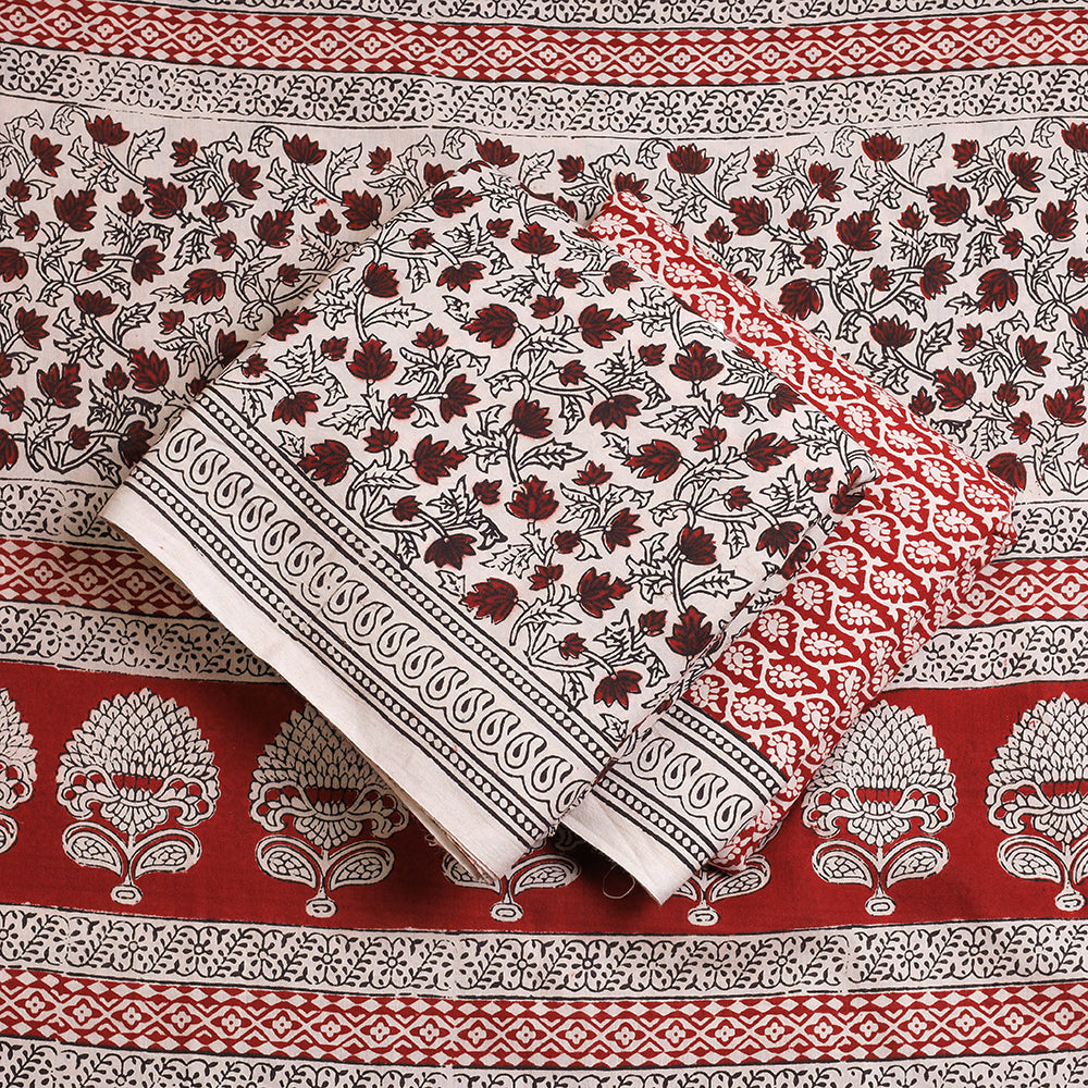 Beige - 3pc Natural Dyed Cotton Bagh Print Suit Material Set