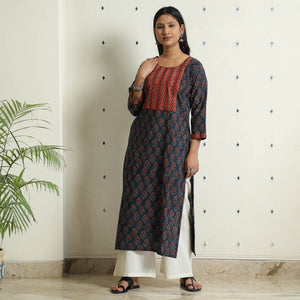 Blue - Ajrakh Block Printed Cotton Straight Kurta 05