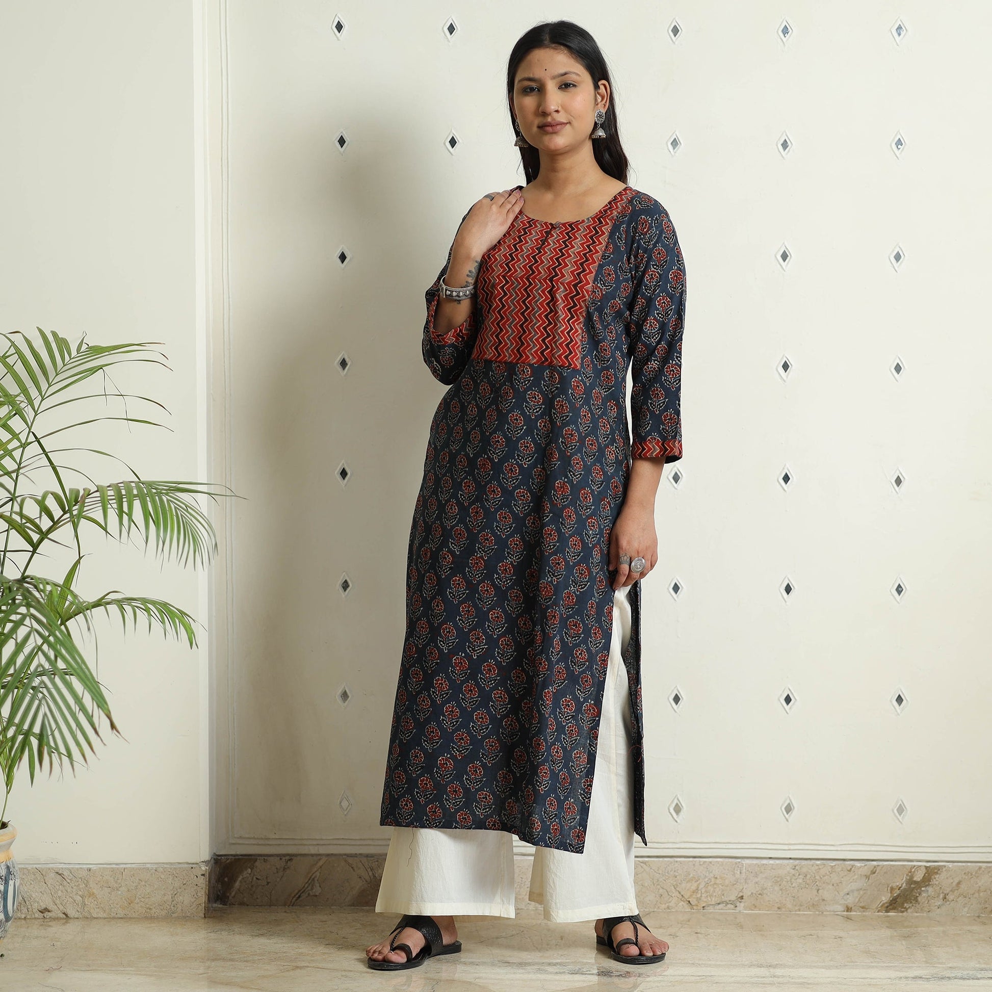 Blue - Ajrakh Block Printed Cotton Straight Kurta 05