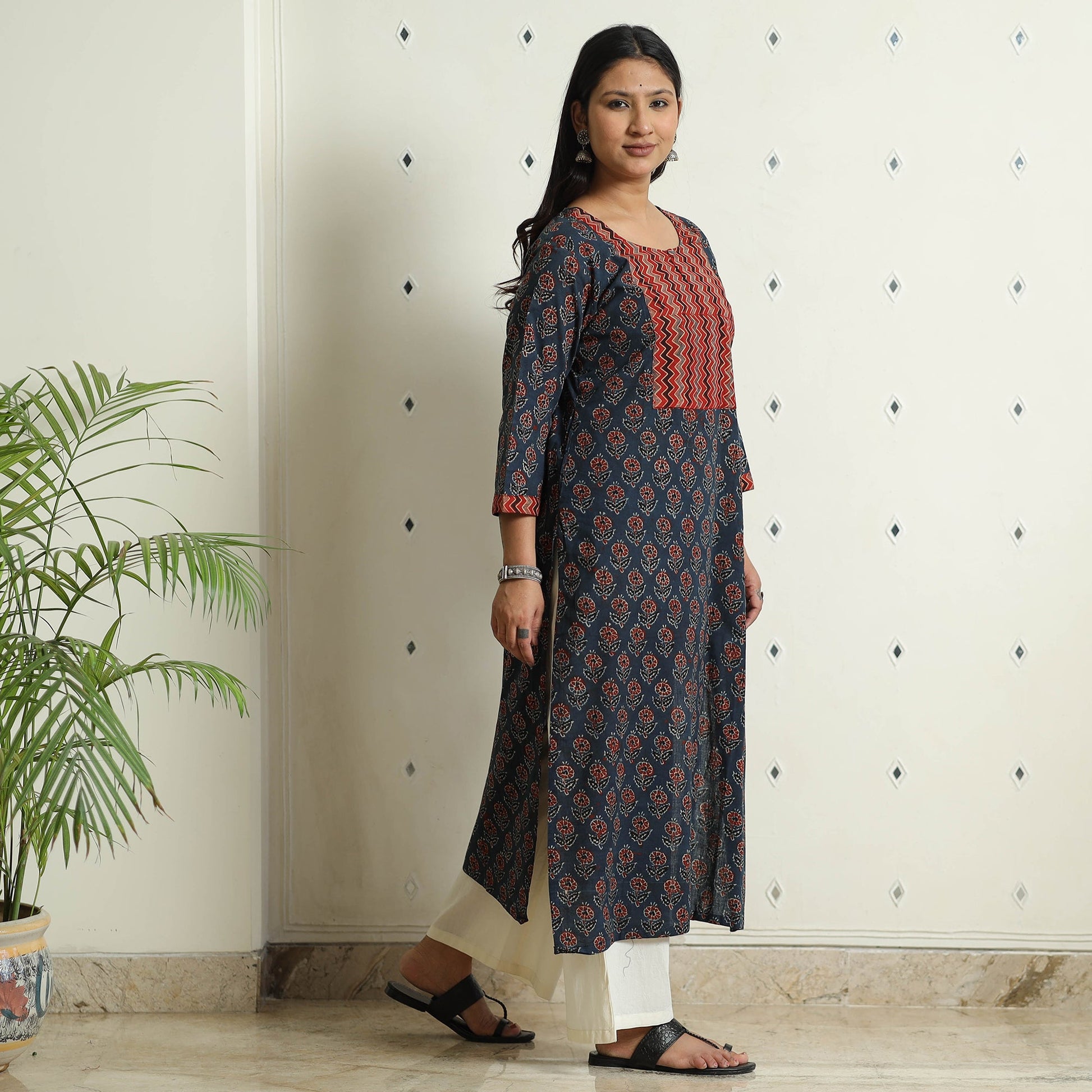 Blue - Ajrakh Block Printed Cotton Straight Kurta 05