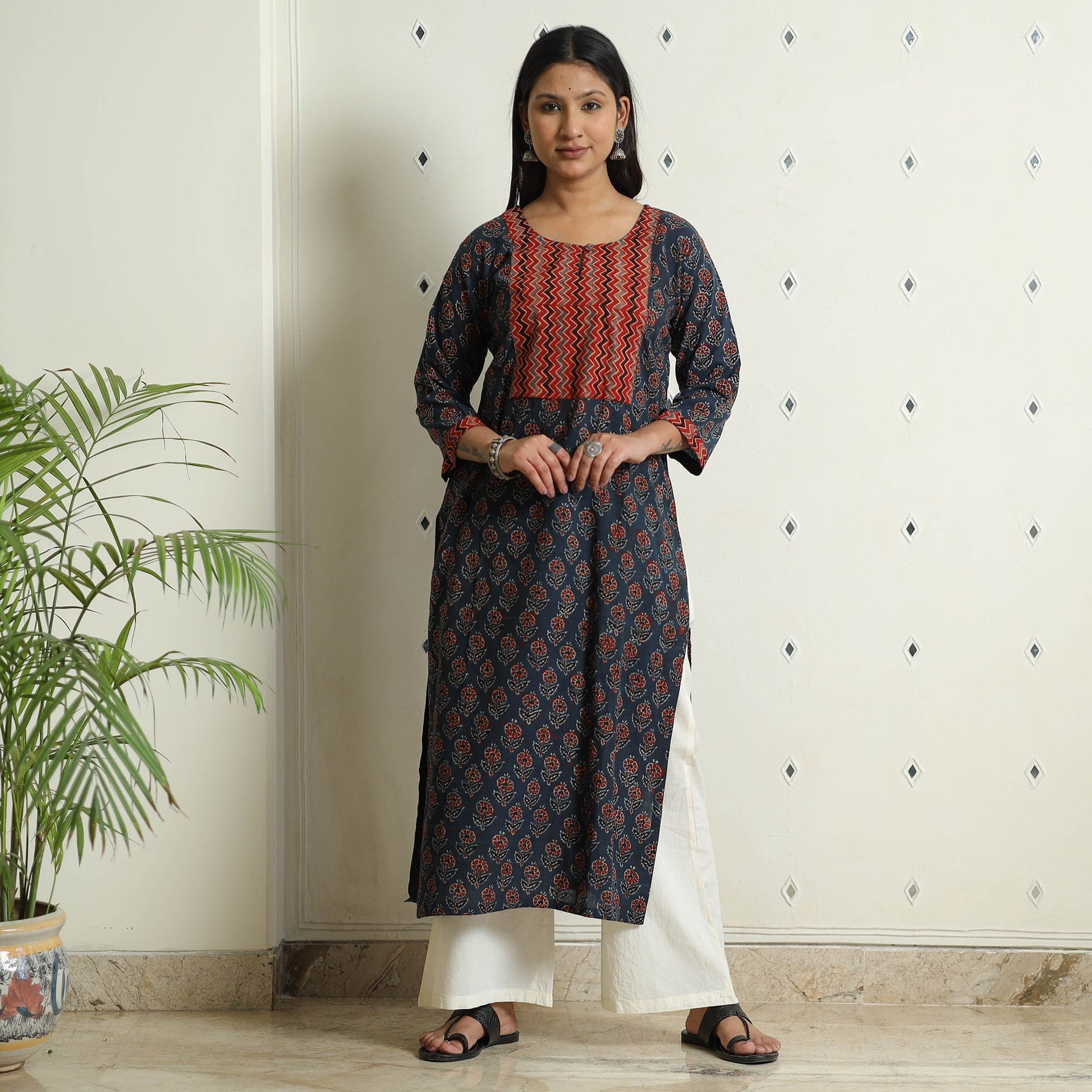 Blue - Ajrakh Block Printed Cotton Straight Kurta 05