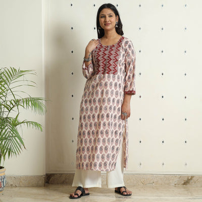 Beige - Block Print Cotton Straight Bagh Kurta