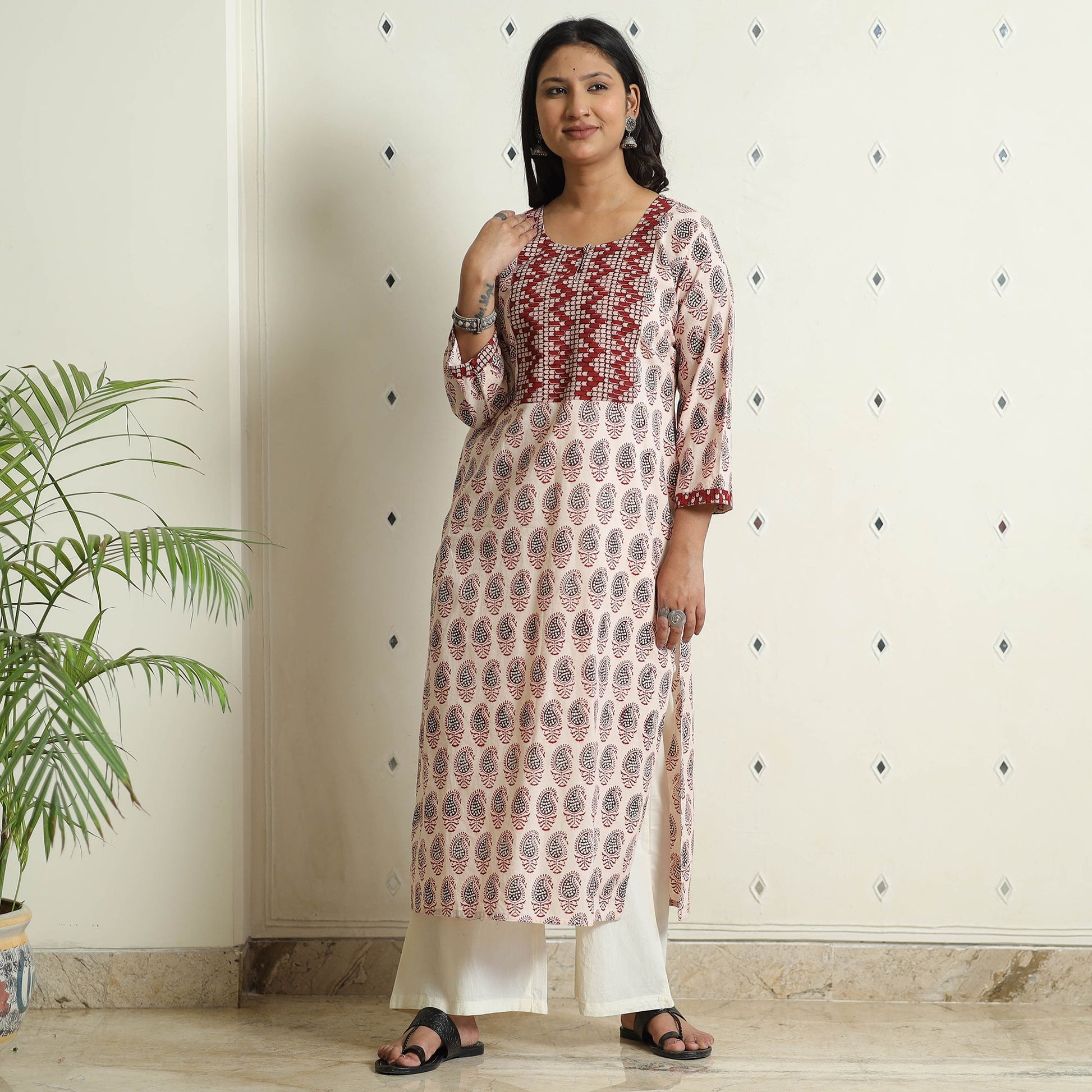 Beige - Block Print Cotton Straight Bagh Kurta