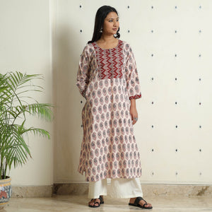 Beige - Block Print Cotton Straight Bagh Kurta
