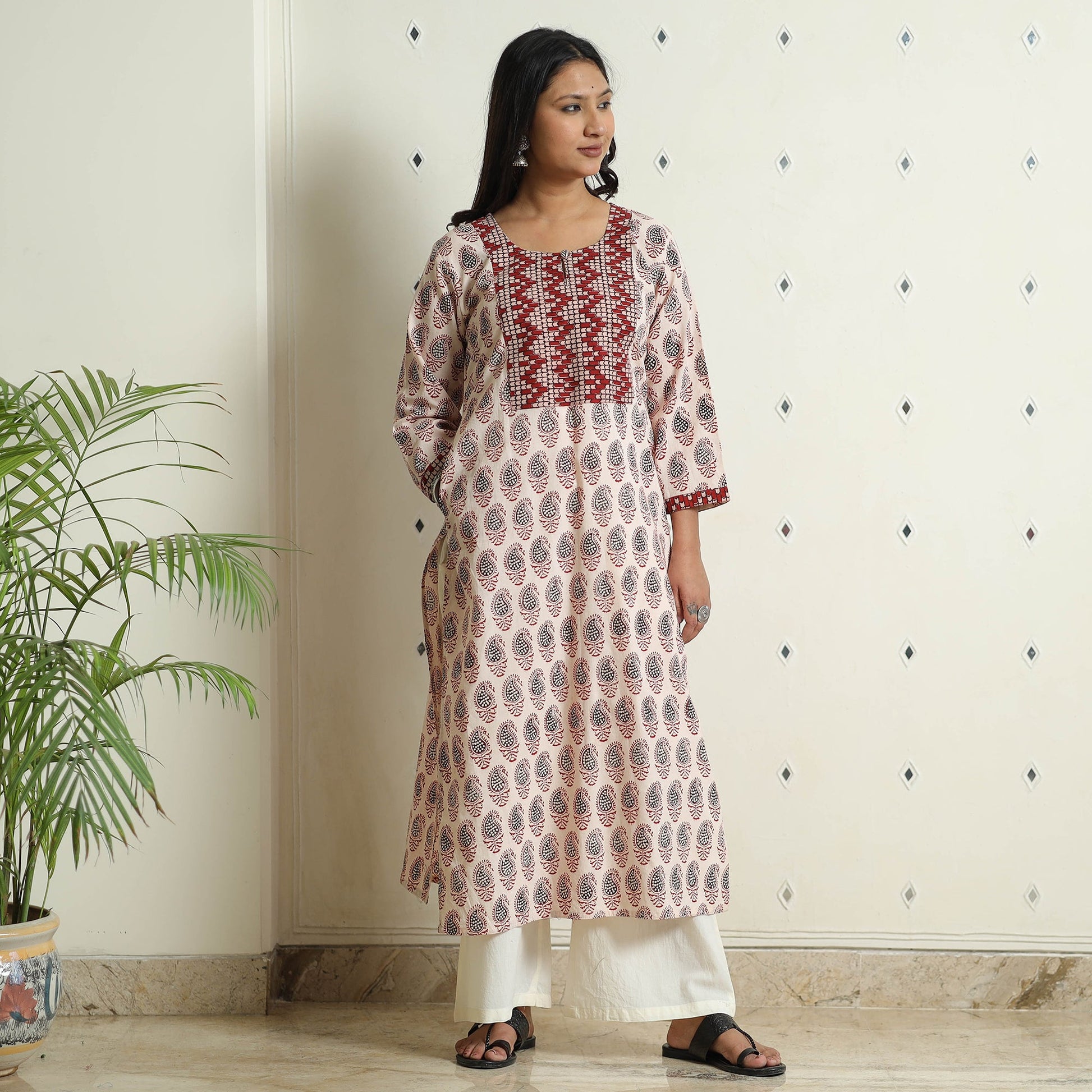 Beige - Block Print Cotton Straight Bagh Kurta