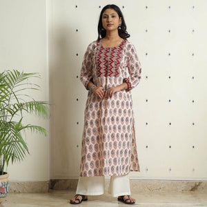 Beige - Block Print Cotton Straight Bagh Kurta