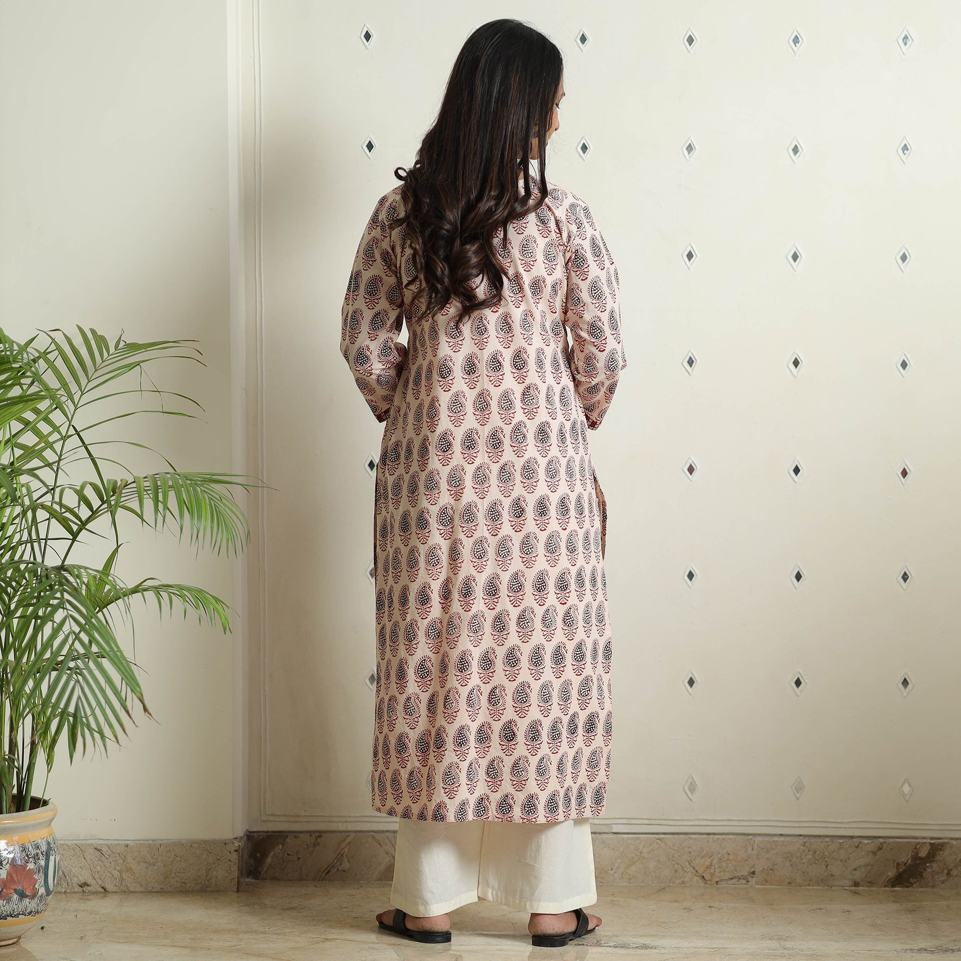 Beige - Block Print Cotton Straight Bagh Kurta