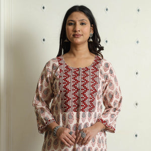Beige - Block Print Cotton Straight Bagh Kurta