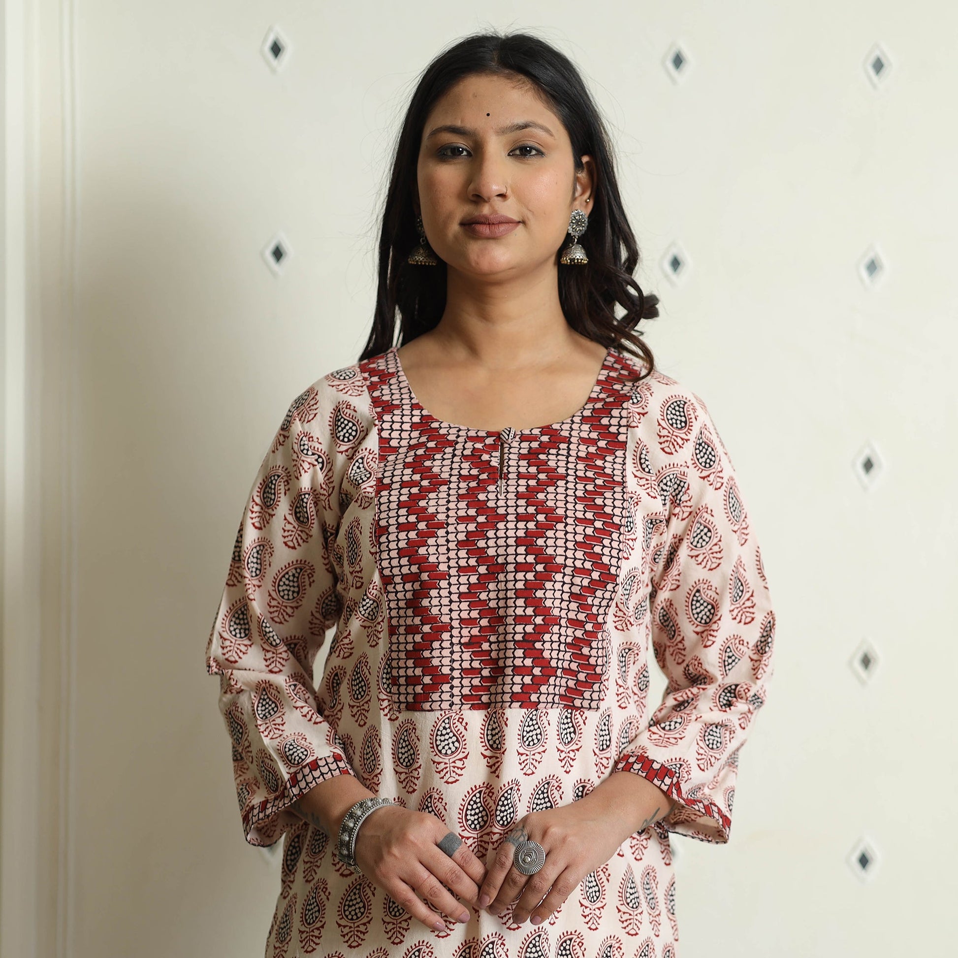 Beige - Block Print Cotton Straight Bagh Kurta