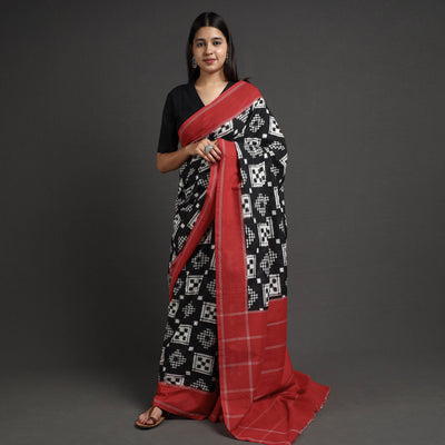 Black - Pochampally Double Ikat Weave Handloom Cotton Saree
