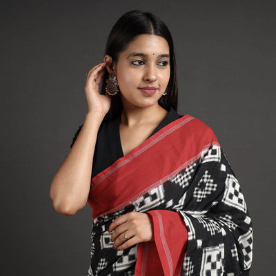 Black - Pochampally Double Ikat Weave Handloom Cotton Saree