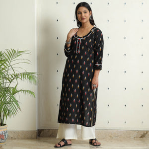 Black - Ikat Weave Cotton Long Kurta