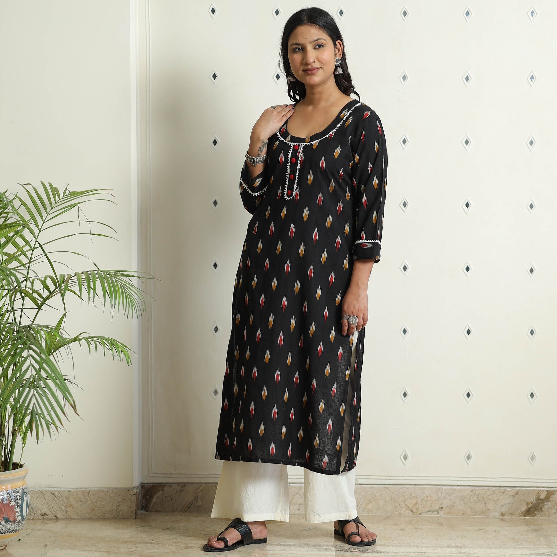 Black - Ikat Weave Cotton Long Kurta