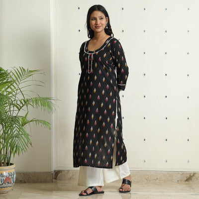 Black - Ikat Weave Cotton Long Kurta