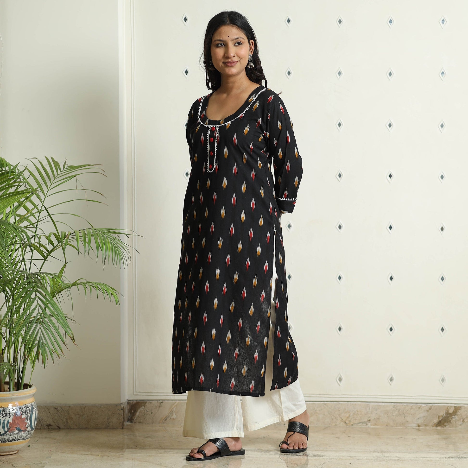 Black - Ikat Weave Cotton Long Kurta
