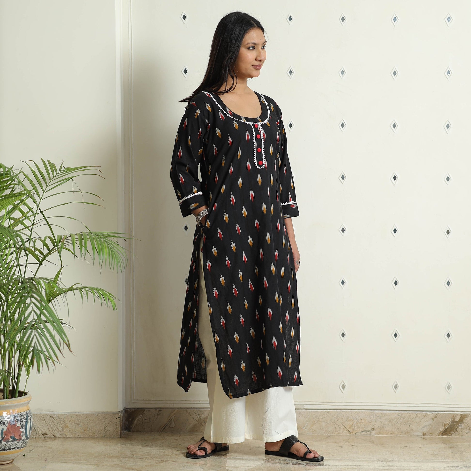Black - Ikat Weave Cotton Long Kurta