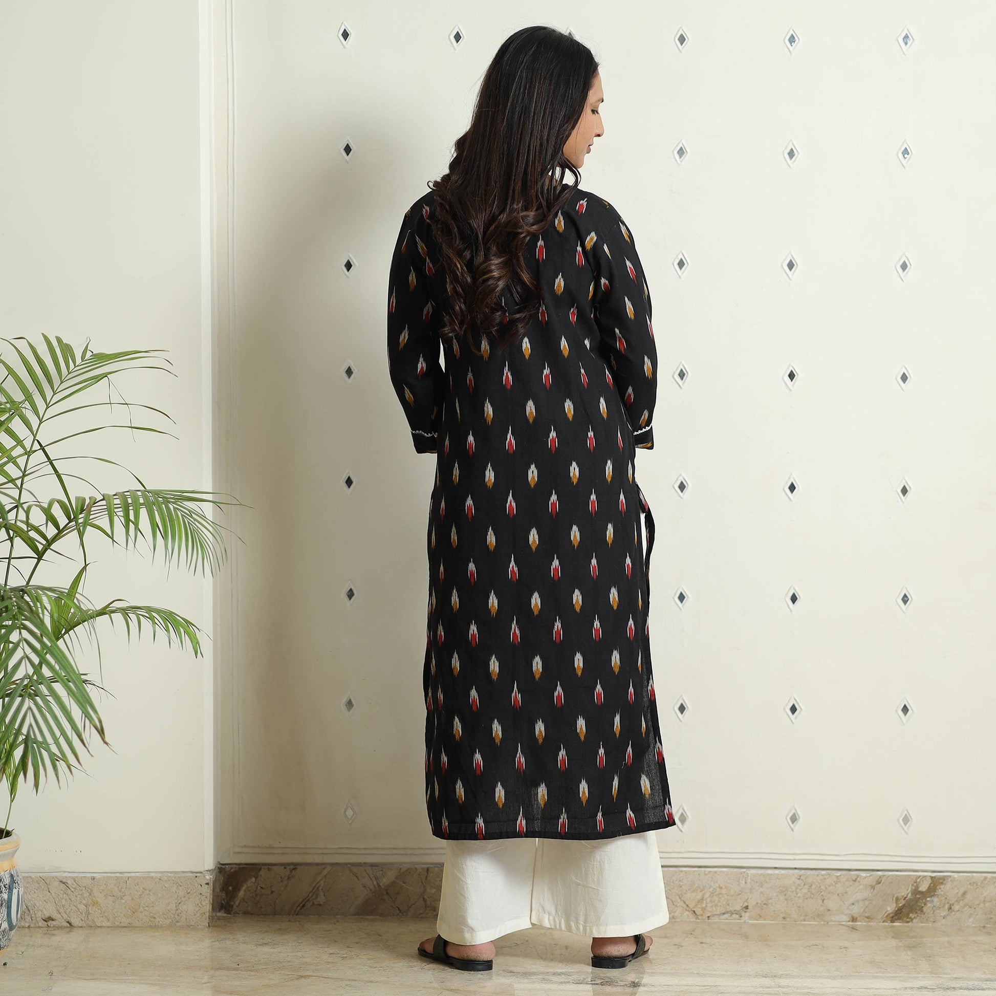 Black - Ikat Weave Cotton Long Kurta