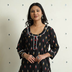 Black - Ikat Weave Cotton Long Kurta