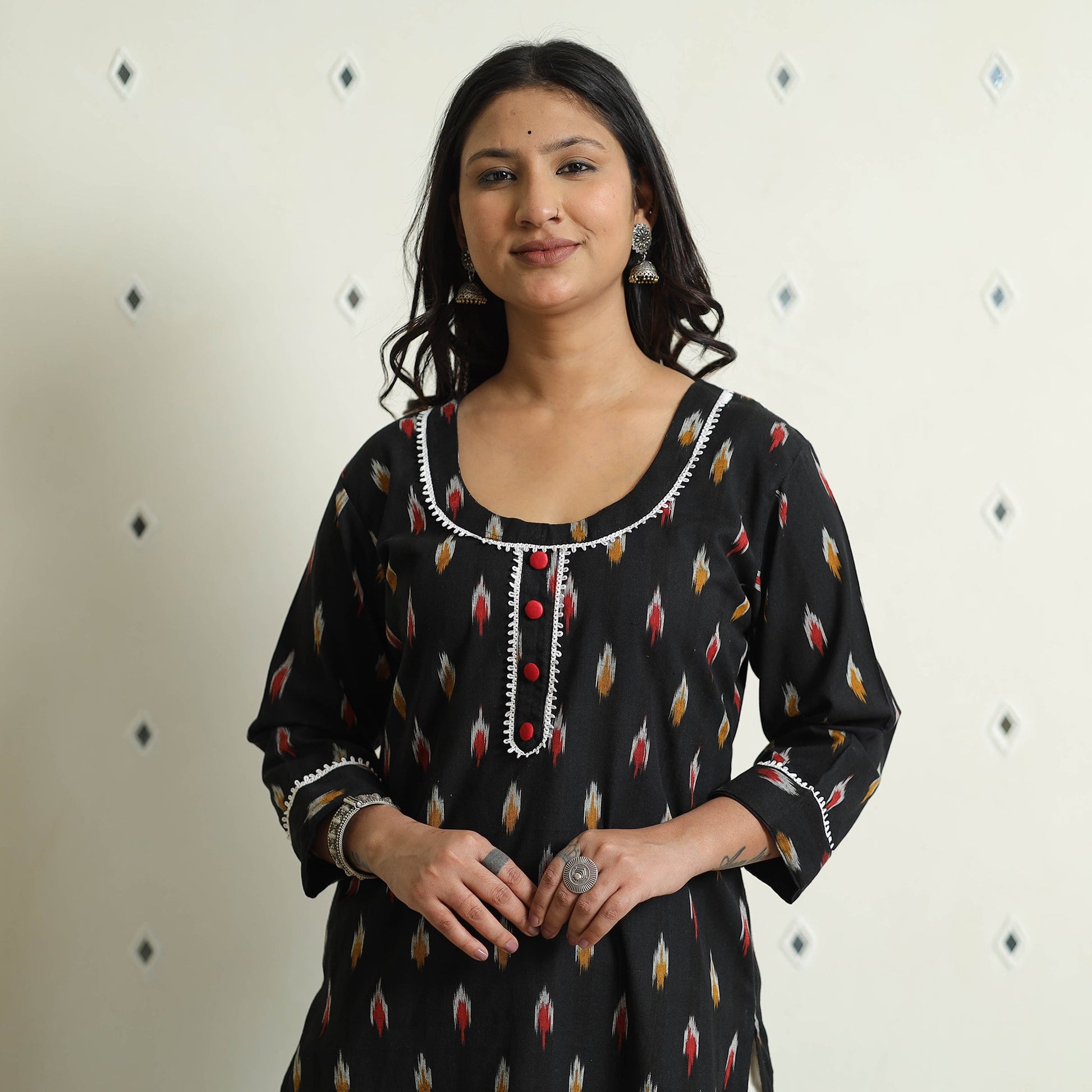 Black - Ikat Weave Cotton Long Kurta
