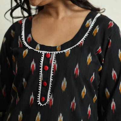 Black - Ikat Weave Cotton Long Kurta