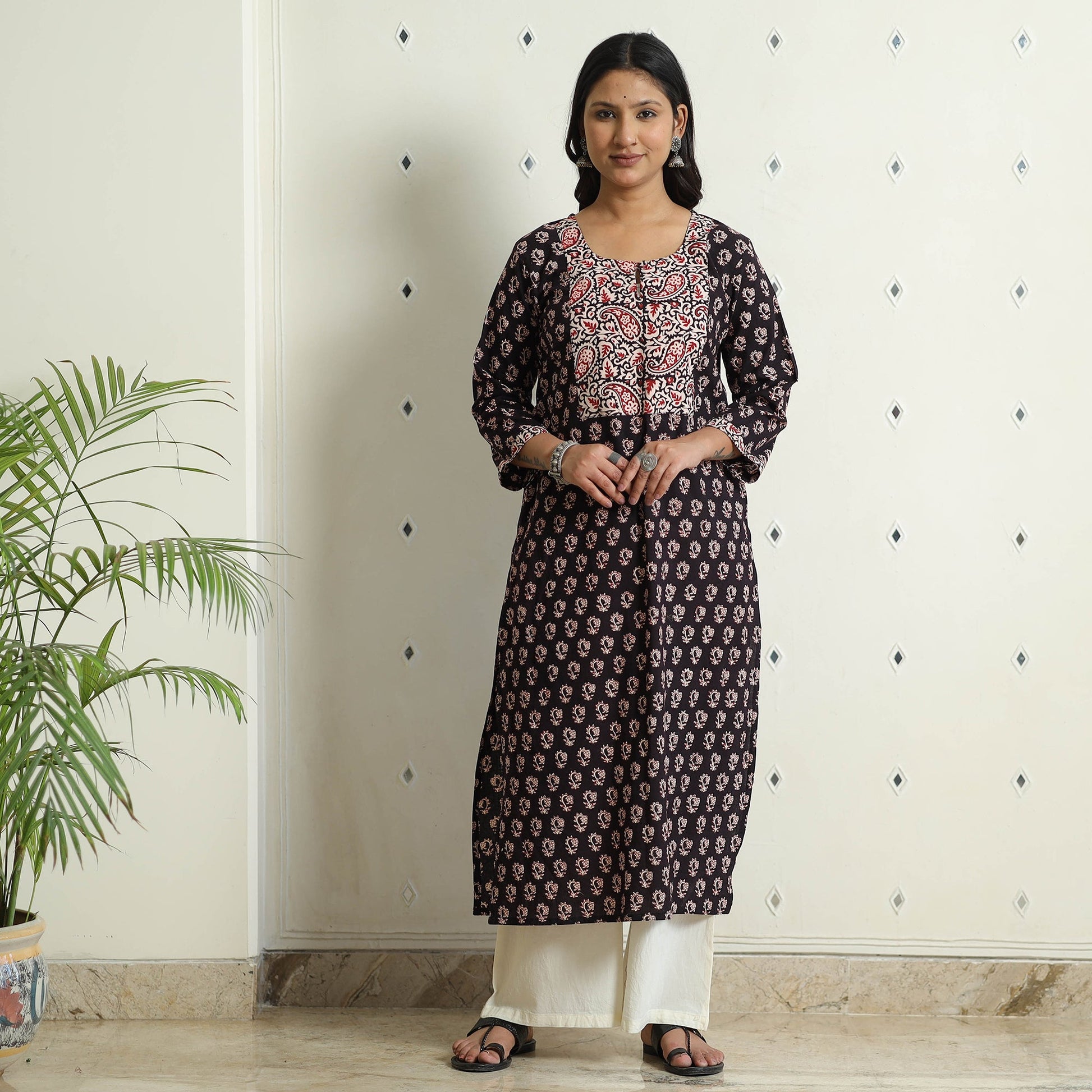 Black - Block Print Cotton Straight Bagh Kurta