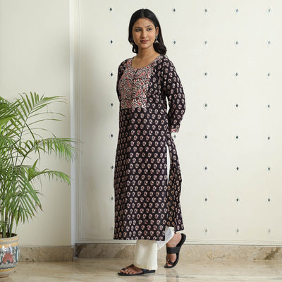 Black - Block Print Cotton Straight Bagh Kurta