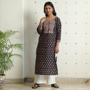 Black - Block Print Cotton Straight Bagh Kurta