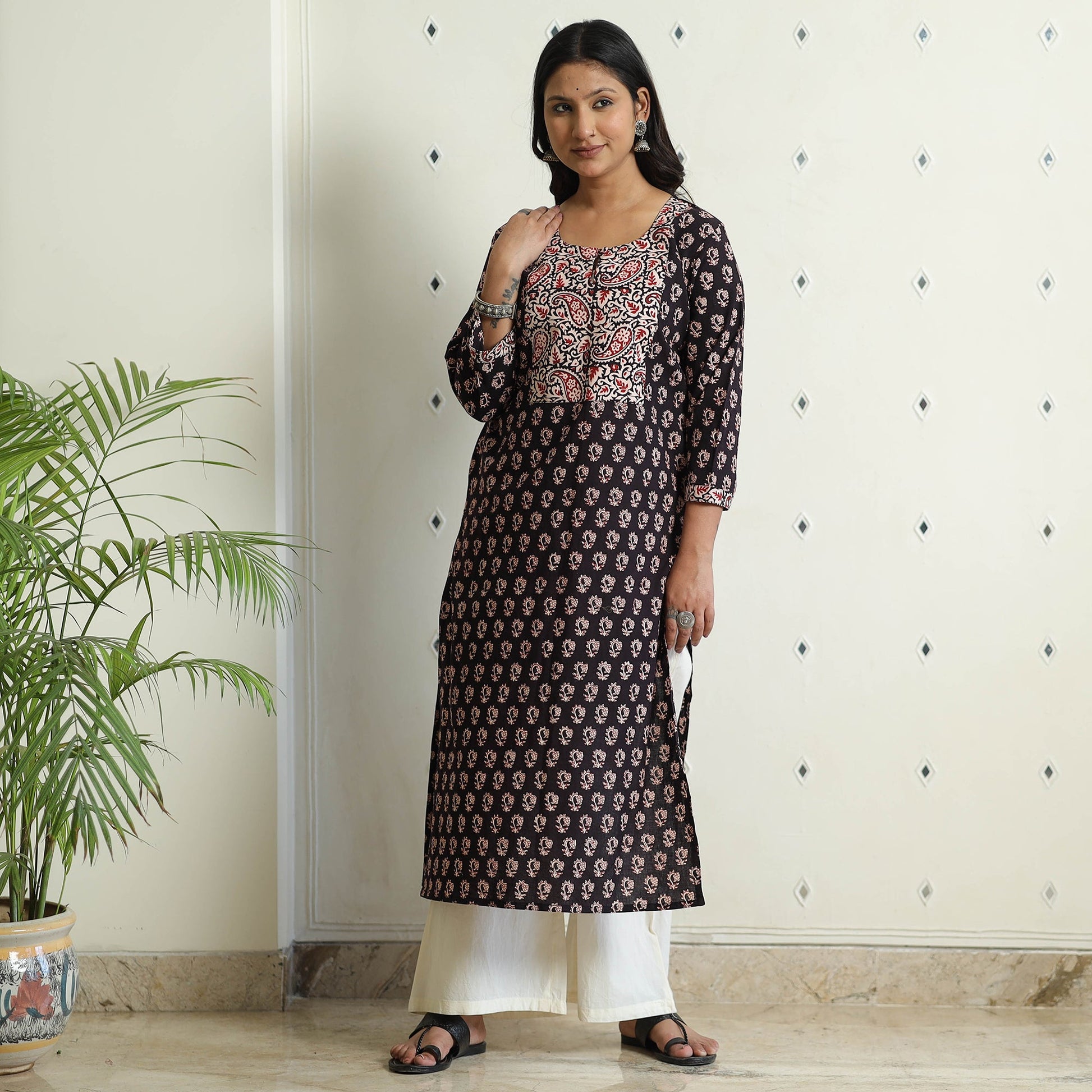 Black - Block Print Cotton Straight Bagh Kurta