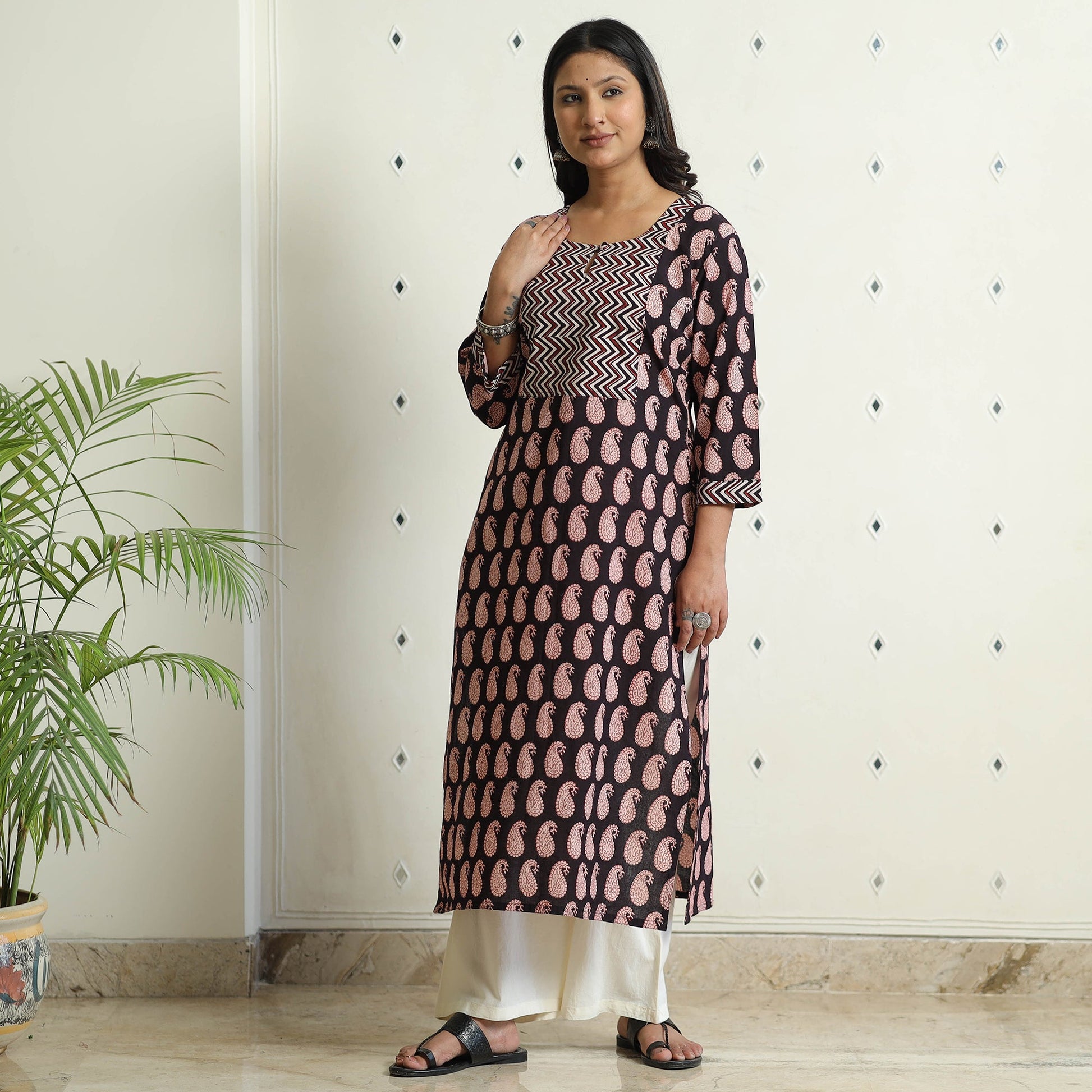 Black - Block Print Cotton Straight Bagh Kurta