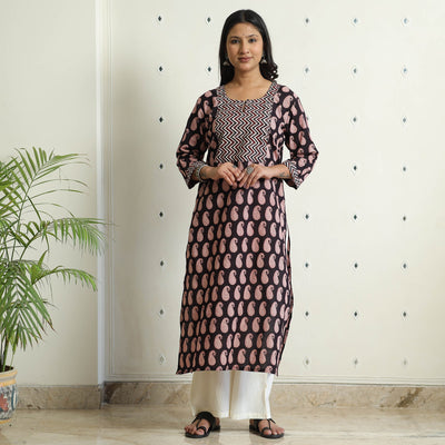 Black - Block Print Cotton Straight Bagh Kurta