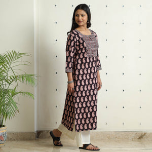 Black - Block Print Cotton Straight Bagh Kurta