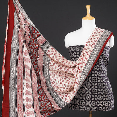 Black - 3pc Natural Dyed Cotton Bagh Print Suit Material Set 11