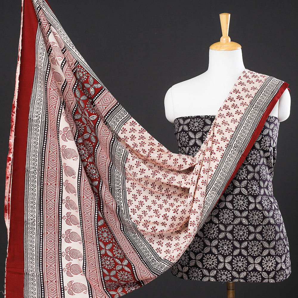 Black - 3pc Natural Dyed Cotton Bagh Print Suit Material Set 11