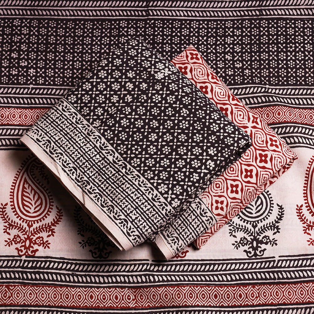 Black - 3pc Natural Dyed Cotton Bagh Print Suit Material Set 11