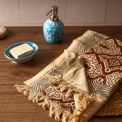Beige - Pedana Kalamkari Block Printed Handloom Cotton Towel