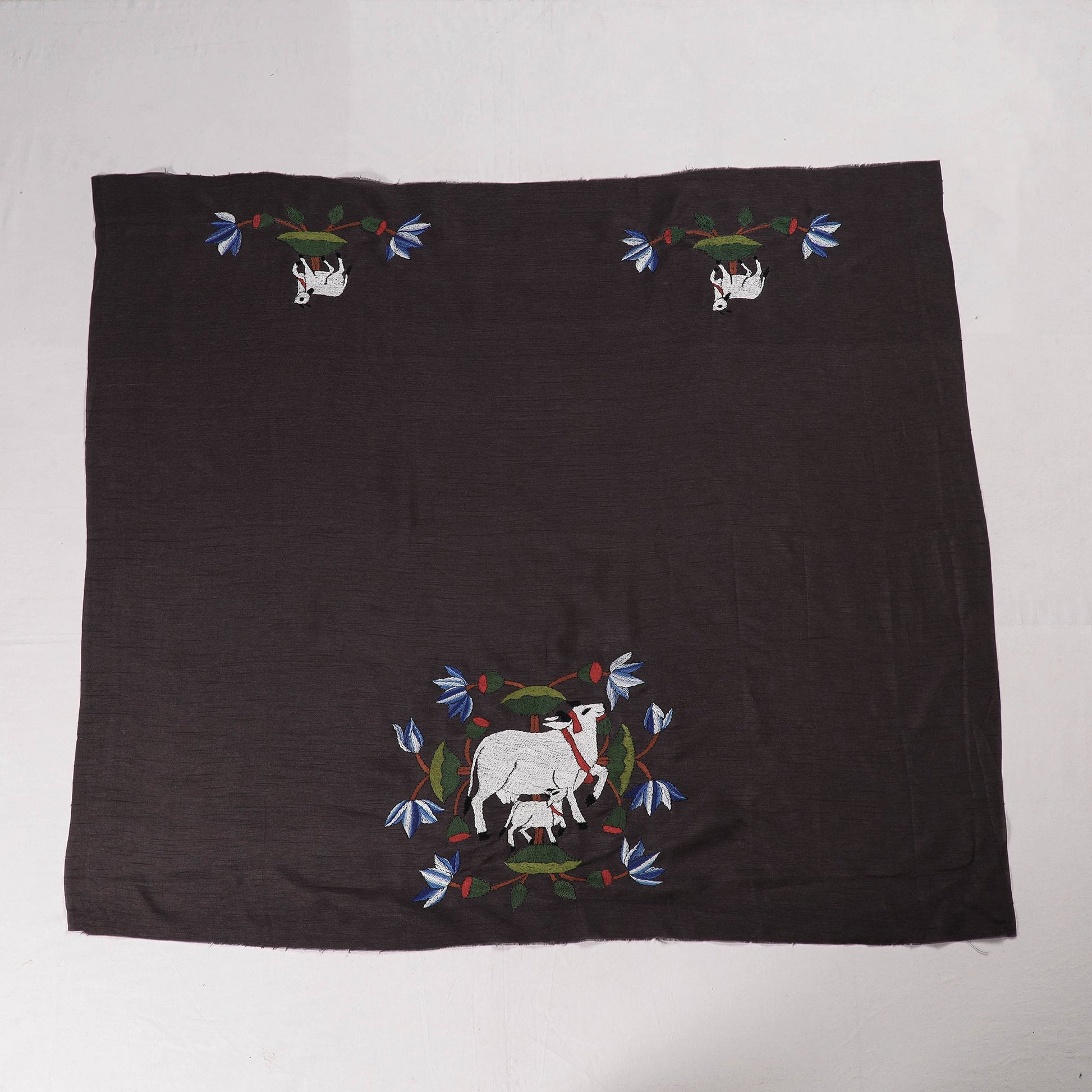 Black - Bengal Kantha Embroidery Raw Silk Blouse Piece