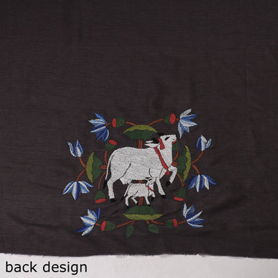 Black - Bengal Kantha Embroidery Raw Silk Blouse Piece